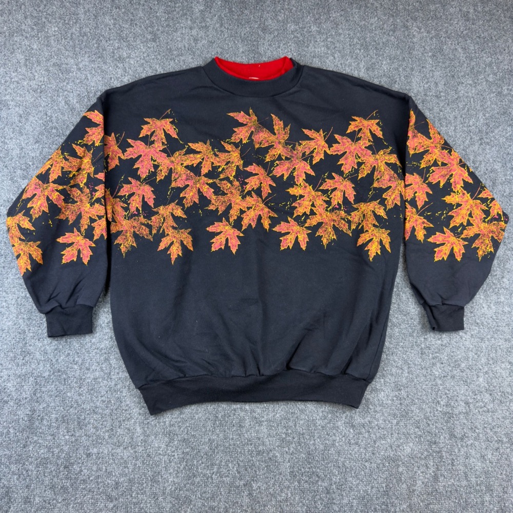 Artisans Vintage 90s Maple Leaf Sweatshirt Black Red Double Collar USA Mens L
